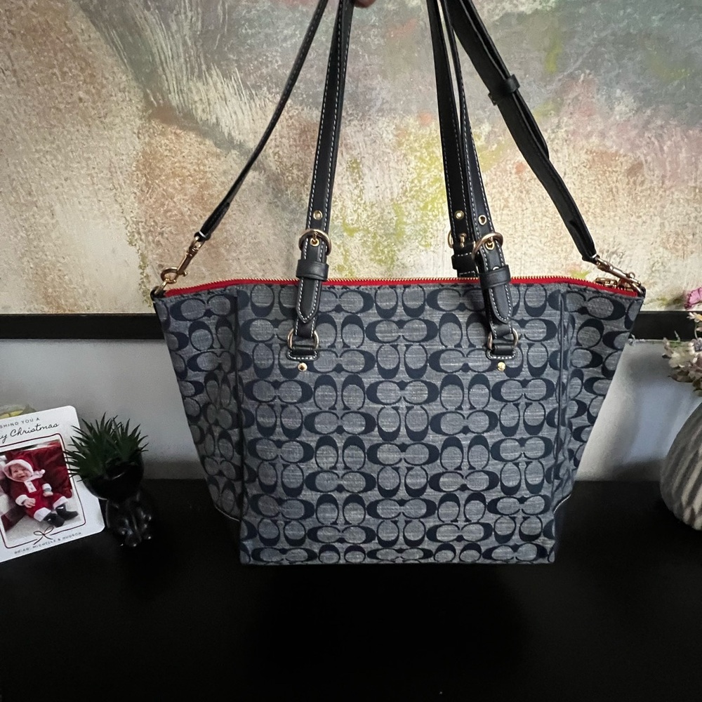 Coach Navy Signature Canvas Tote with Tan Tassels - Picture 7 of 10